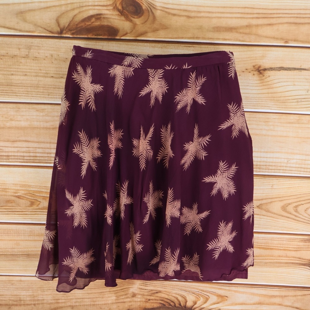 Jeannene Booher Skirt Womens Size 14 Maroon Leaves 100% Silk Lined Stretch Waist